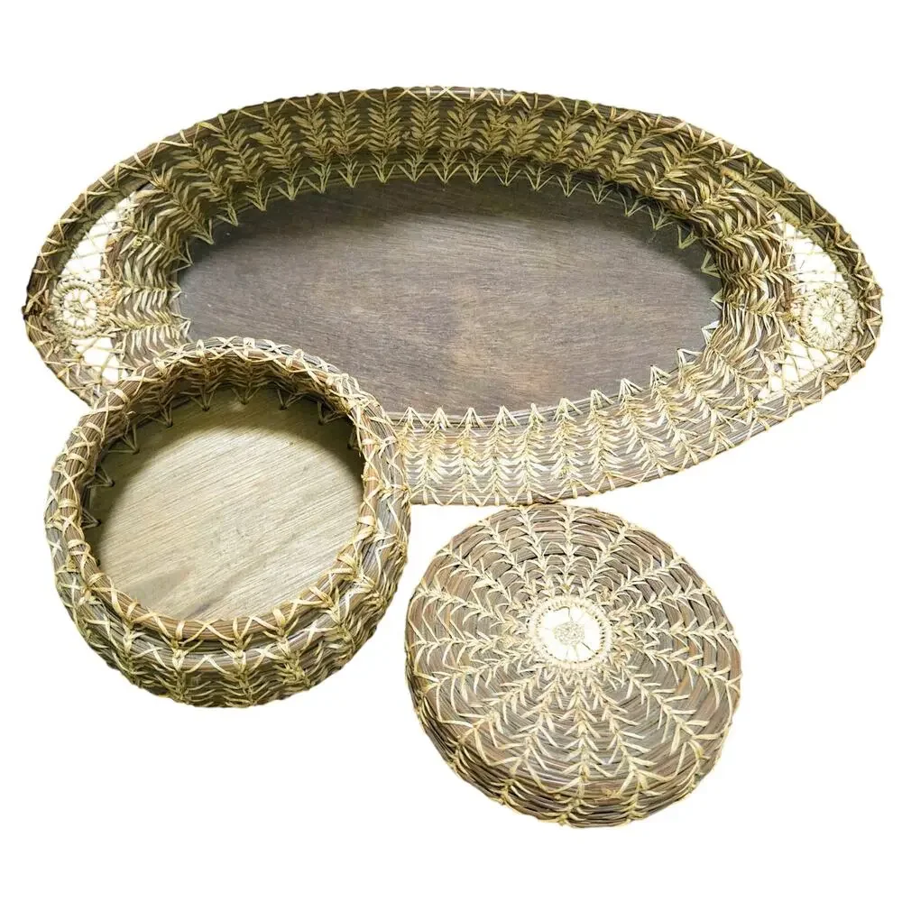 Pine Needle Woven Oval Basket + Round Basket w/Lid, Wooden Bottoms Vintage